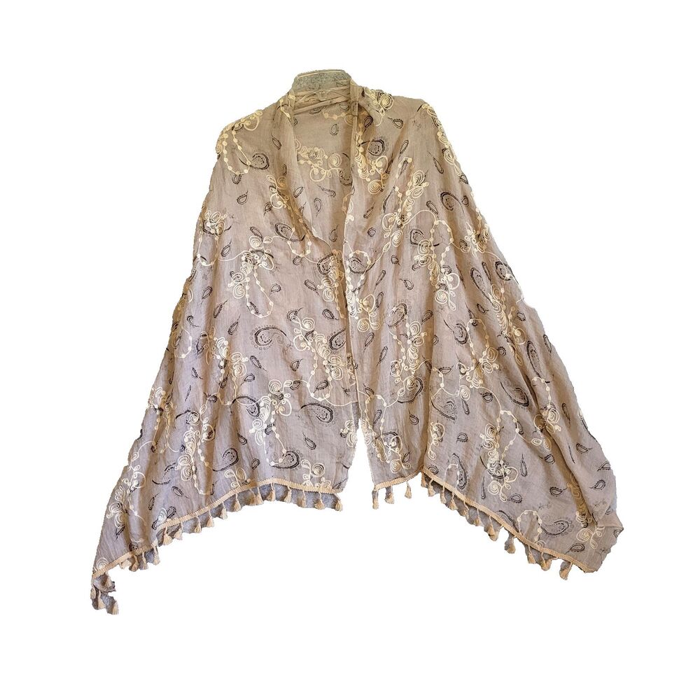 Embroidered Mesh Shaw Wrap Tassel Trim 37 x 30 inches